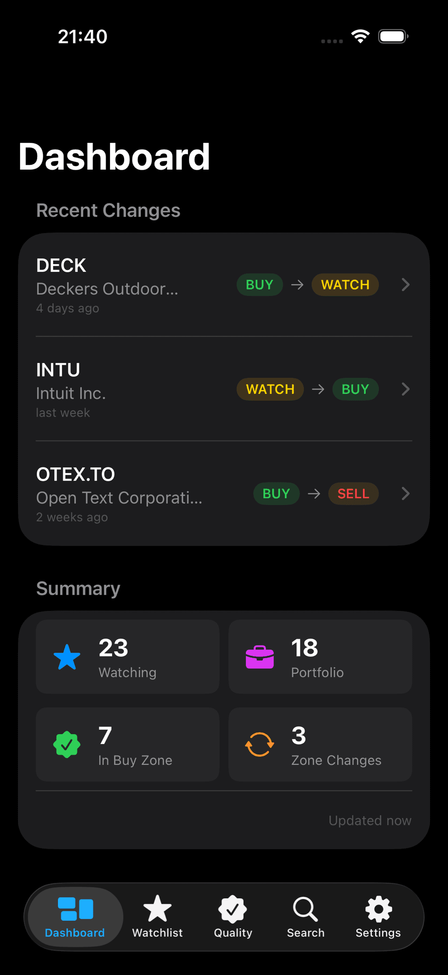 Dashboard screen showing recent zone changes for watched companies and a summary of watchlist and portfolio counts