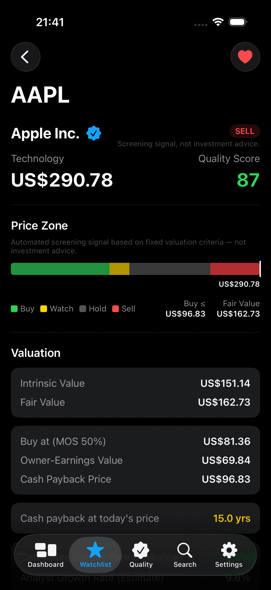 Company detail screen showing the price zone bar with buy, watch, hold and sell ranges plus intrinsic and fair value estimates